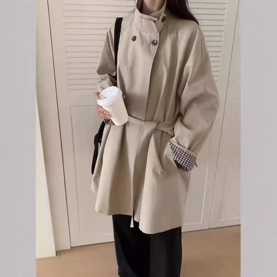 韓国スリムミニマリスト通勤巾着ウインドブレーカー2024秋新作高級カジュアルミドル丈コート