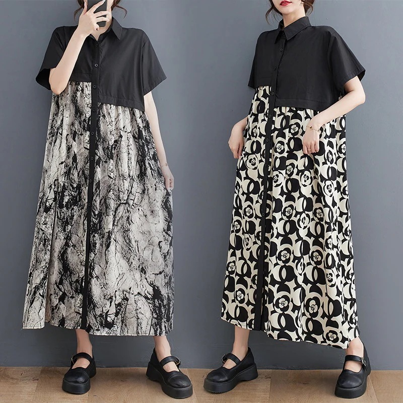 「ファットガール」 2024夏新品 柄ワンピース ロング シャツワンピース 体型カバー 大きいサイズ ゆったり レディース30%までに制限
