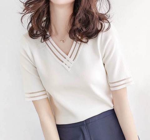 レディース トップス カットソー ニット Tシャツ 半袖 Vネック スリム 細身 薄手 かわいい