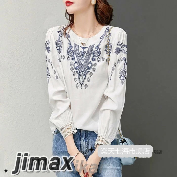 ブラウス レディース 長袖ブラウス 秋服 オフィスブラウス 刺繍 パフスリーブ オシャレブラウス 白トップス 韓国風 大人 上品 通勤OL ゆったりシャツ 大きいサイズ 40代 30代 50代
