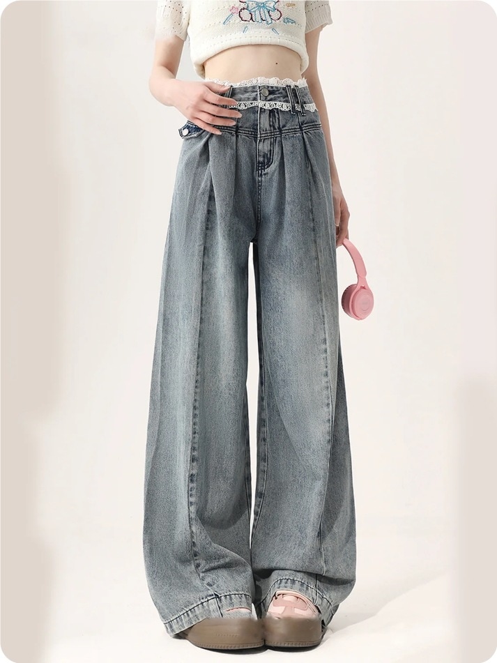 【3日で出荷】アメリカン レトロ ハイウエスト ジーンズ レディース 夏 秋 冬 レース ストレートパンツ ワイドパンツ ウエストレースワイドデニムパンツ