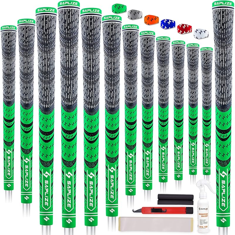 【13本セット溶液交換キット】SAPLIZE ゴルフグリップ ハーフコードラバー 多色 滑り止め 溶液テープカッターラバークランプマニュアル 緑*13本 ミッドサイズ