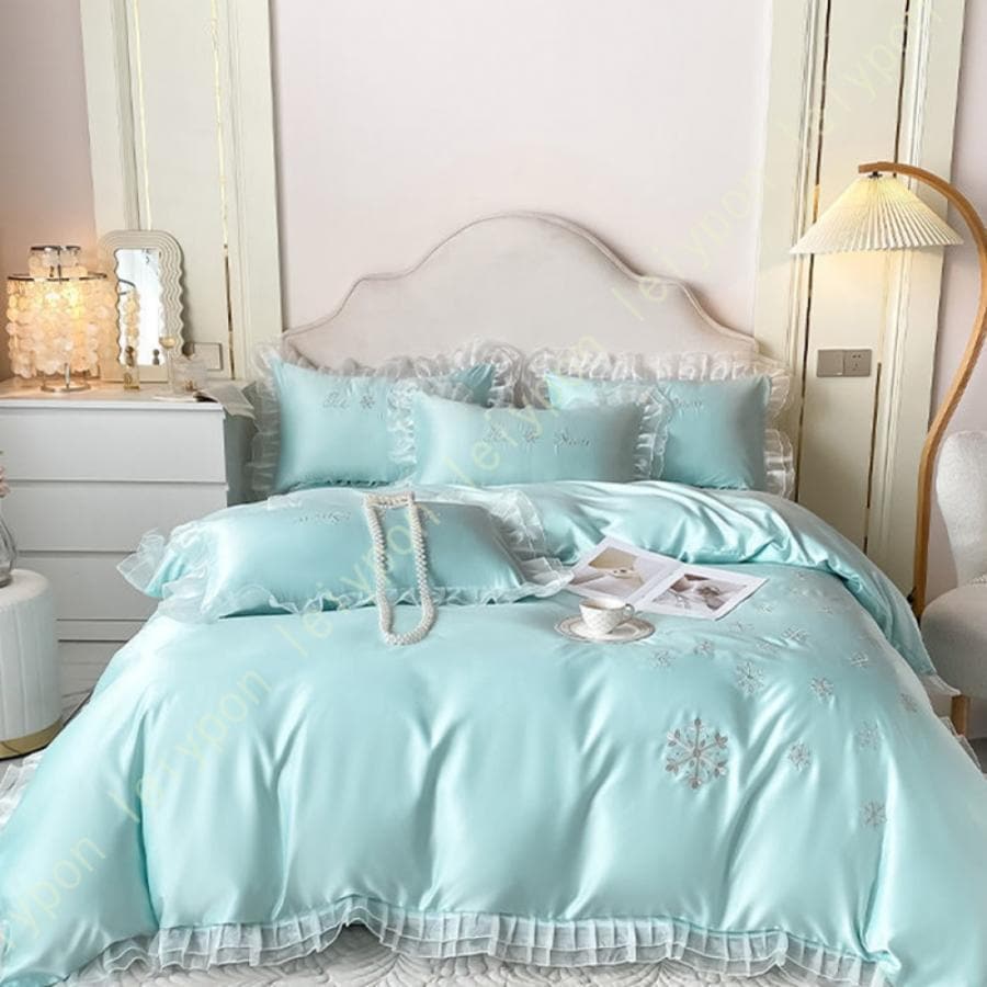 【急速出荷!】布団カバーセット 姫系 花刺繍 きれいめ ひんやり シングル 接触冷感 春夏 模造シルク 光沢 フリル付き 4点セット 布団カバー フラットシーツ 枕カバー