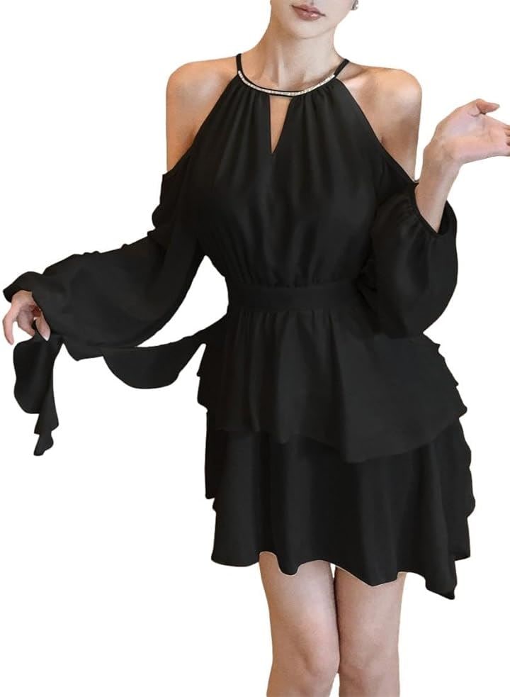 キャバドレス ミニワンピース クラブドレス フレア フリル ホルターネック オフショルダー 長袖 ウエストマーク レディース E92( ブラック, M)
