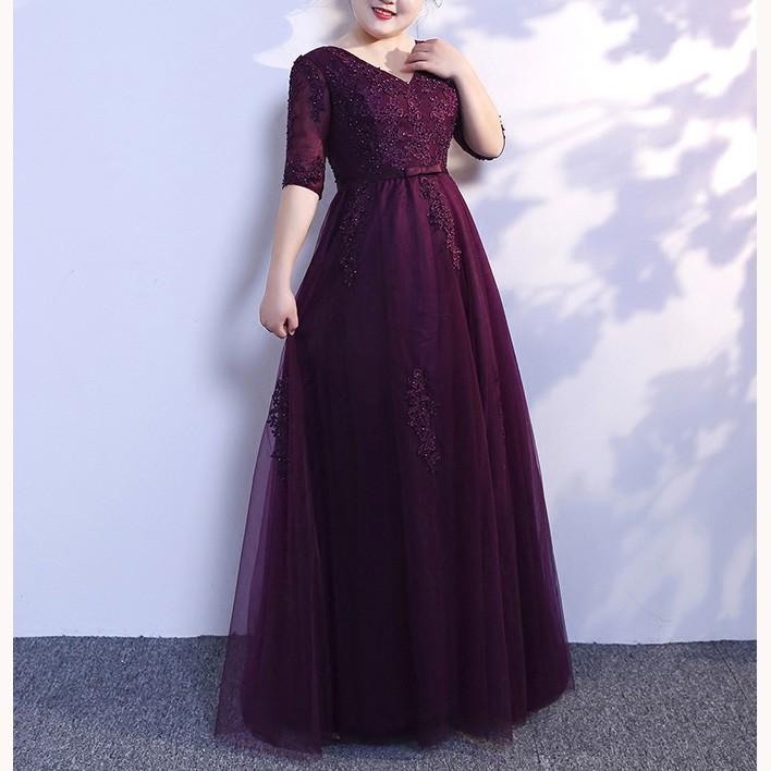 大きいサイズ パーティードレス 結婚式 袖あり 痩せ見え 上品 ロング丈 レース お呼ばれ 二次会 締め上げ Vネック ぶどう 体型カバー フォーマル
