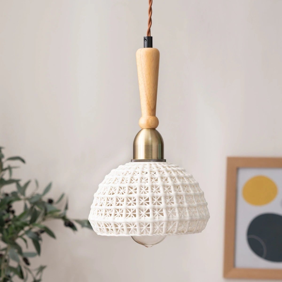 ペンダントライト 陶器 天然木 電球付き ドーム型 LED E26 北欧 吊り下げ照明 1灯 セラミック ライト ランプシェード 工事不要 韓国インテリア 照明 天井照明 木製 ラバーウッド