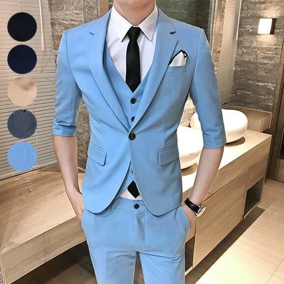 スーツ メンズ シングルスーツ 夏 スリムスーツ カジュアル サマースーツ ビジネス セットアップ メンズスーツ ジャケット パンツ 韓国風 結婚式 パーティ 紳士服 スーツセット 2点セット 7分袖