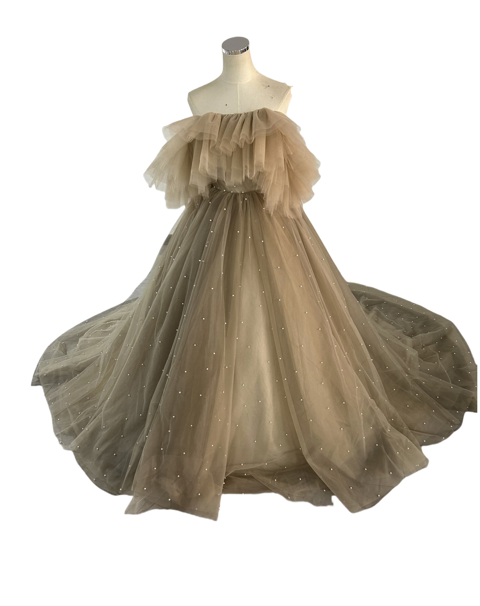 カーキ色 カラードレス ビーズ オフショルダー ボリュームドレス ロングトレーン 可愛い 披露宴