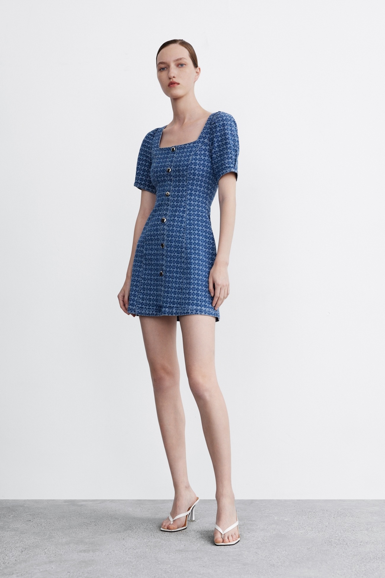 春 夏 レディース レトロ ファッション 柄 スキニー スクエア カラー デニム カジュアル きれいめ おしゃれ ワンピース XS S M L ワンピース 膝上 袖あり 半袖 かわいい 大人可愛い