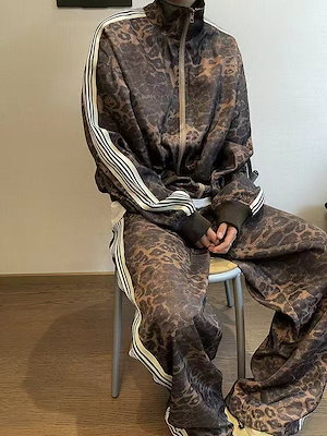 セットアップ メンズ 春 ジャケット アウター ヒョウ柄 韓国ファッション ジップアップ ロングパンツ サイドライン レオパード ストリート系 男女兼用