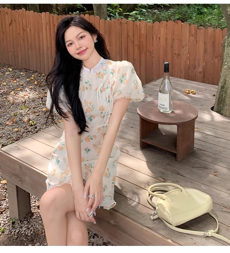 夏 チャイナ ドレス タッセル パフスリーブ 花柄 ドレス 個性的 ワンピース ミニ ミニ丈 ショート ショート丈 袖あり 半袖 パフスリーブ 襟なし 大人可愛い 上品 おしゃれ お洒落 こなれ感