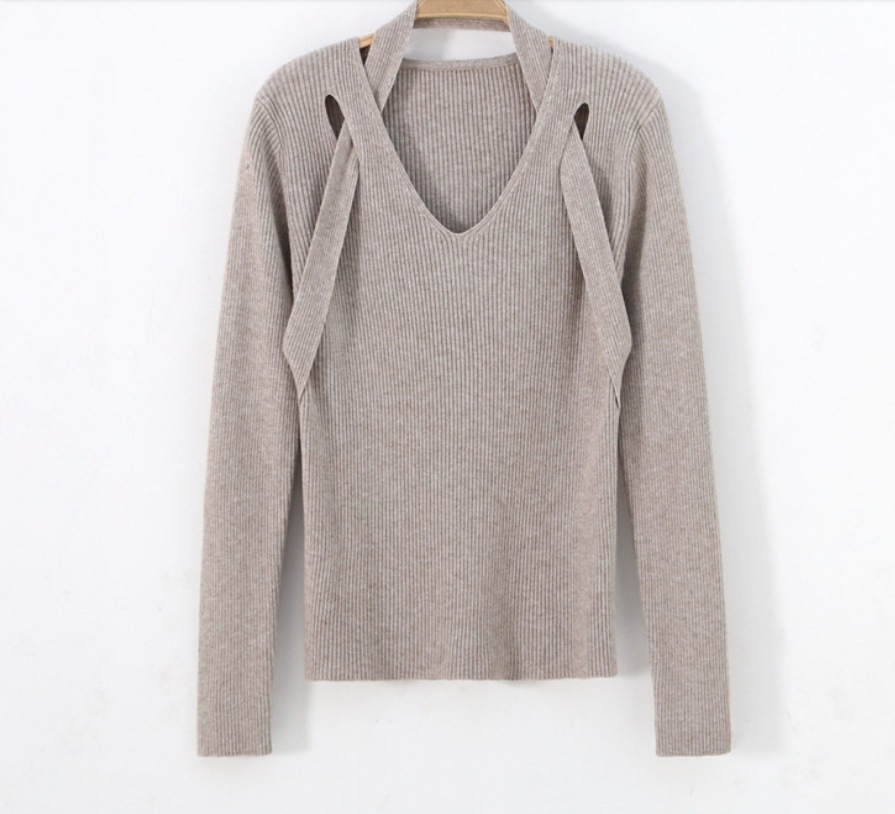 トップス ニットソー 白トップス 袖あり 長袖 Vネック 襟なし タイト ストレート Iライン 切り替えデザイン リブ 伸縮性 ニット 厚手 かわいい 大人可愛い シンプル カジュアル 大人 おしゃれ
