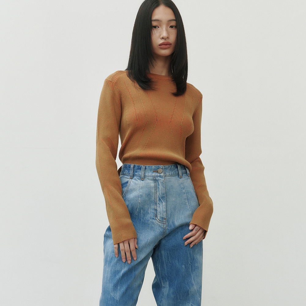 【NOIER 】 TWO-TONE LIBED SLIM FIT KNIT : YELLOWORANGE