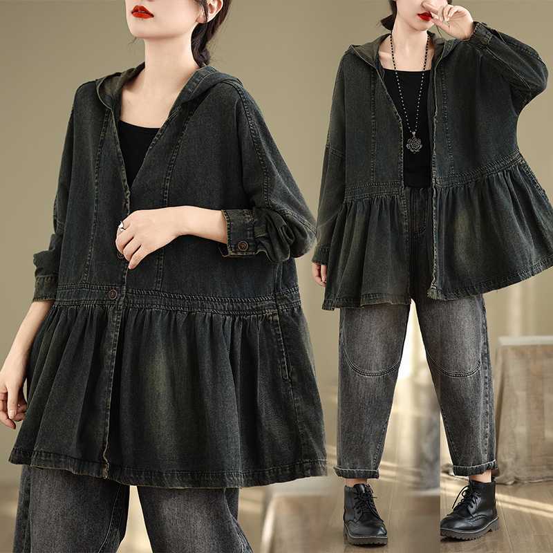 「ファットガール」 2024秋新品 レトロ デニムコート フード付き 大きいサイズ 体型カバー レディース アウター デニムジャケット アウター メガ割30%までに制限