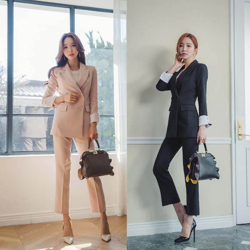 レディーススーツ テーパードパンツ パンツスーツ セットアップ アンクル丈 袖あり 長袖 Vネック 襟付き ストレート ポケット 前開き 上下セット 2点セット ツーピース 大人可愛い きれいめ シン