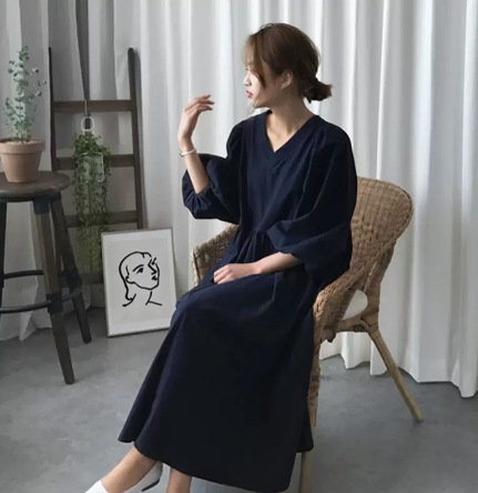 カシュクールワンピース ロング丈 七分袖 Vネック 無地 ボリュームスリーブ 美ライン ニュアンス 体型カバー リラックス かわいい 大人可愛い きれいめ シンプル カジュアル 大人 上品 おしゃれ