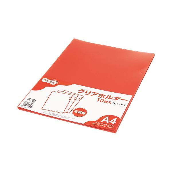 （まとめ） TANOSEE カラークリアホルダー 単色タイプ A4 レッド 1セット（30枚：10枚3パック） 30セット