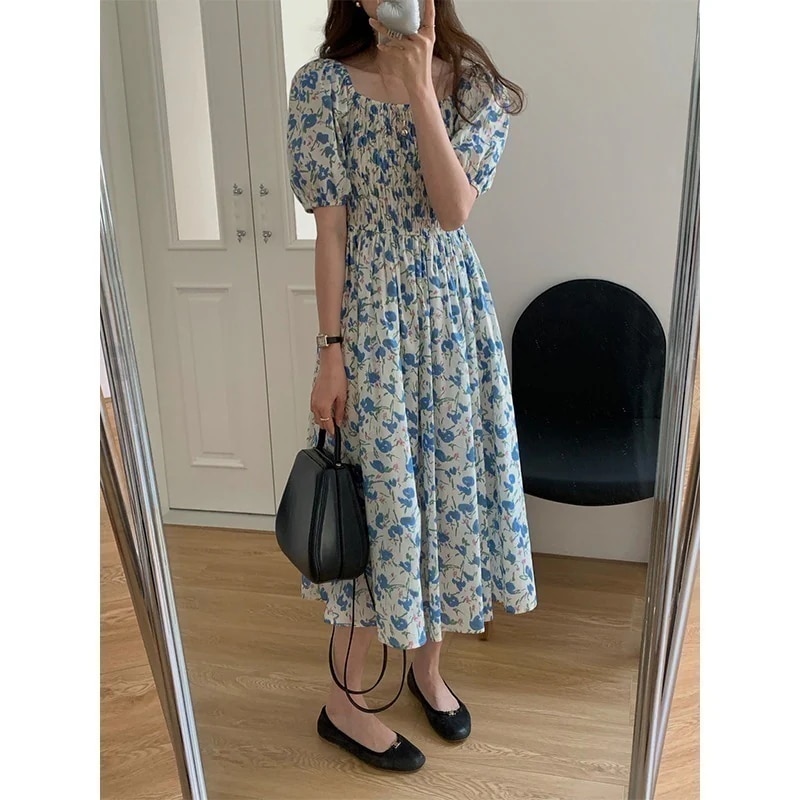 ワンピース甘い 少女 さいころ ワンピース 女 2025夏 新しい 腰をすぼめる しゅうきょくせん 半袖の泡 ロングスカート ワンピース