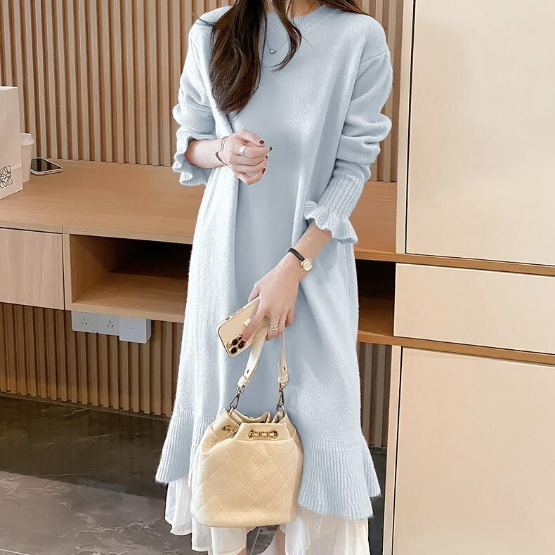 ロング丈メッシュスカートセーターワンピース ロングワンピース メッシュスカート ワンピース ワンピース水色 水色 ライトブルー 白 オフホワイト ピンク 韓国 オルチャン レディース 高見えワンピース