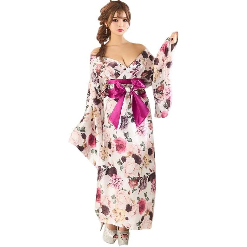 花柄 オフショル ロング 前開き 帯 リボン 花魁 着物 ドレス コスプレ イベント ハロウィン キャバドレス [0971]