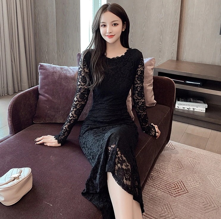 長袖レースワンピース ワンピース ワンピドレス ミモレ ミモレ丈 ミディアム丈 袖あり 長袖 ラウンドネック スリム タイト 細身 マーメイド レース ハイウエスト 透け感 シースルー かわいい
