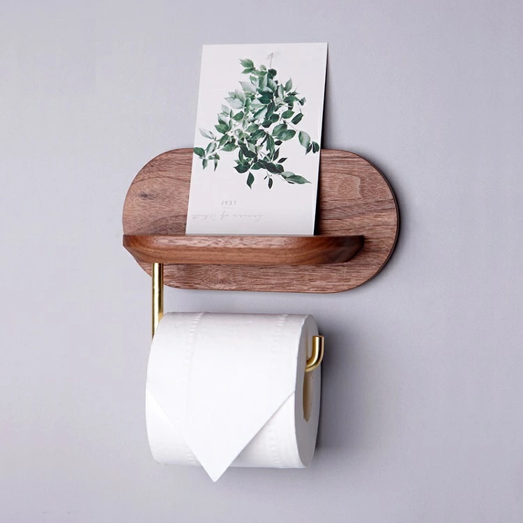 【・新品】　FAS級天然木 トイレットペーパーホルダー　紙巻器 木製 棚付き 収納 差込口右 天然木 レトロ　銅製 おしゃれ　雑貨 ナチュラル 花置き タオル掛け 6,355円