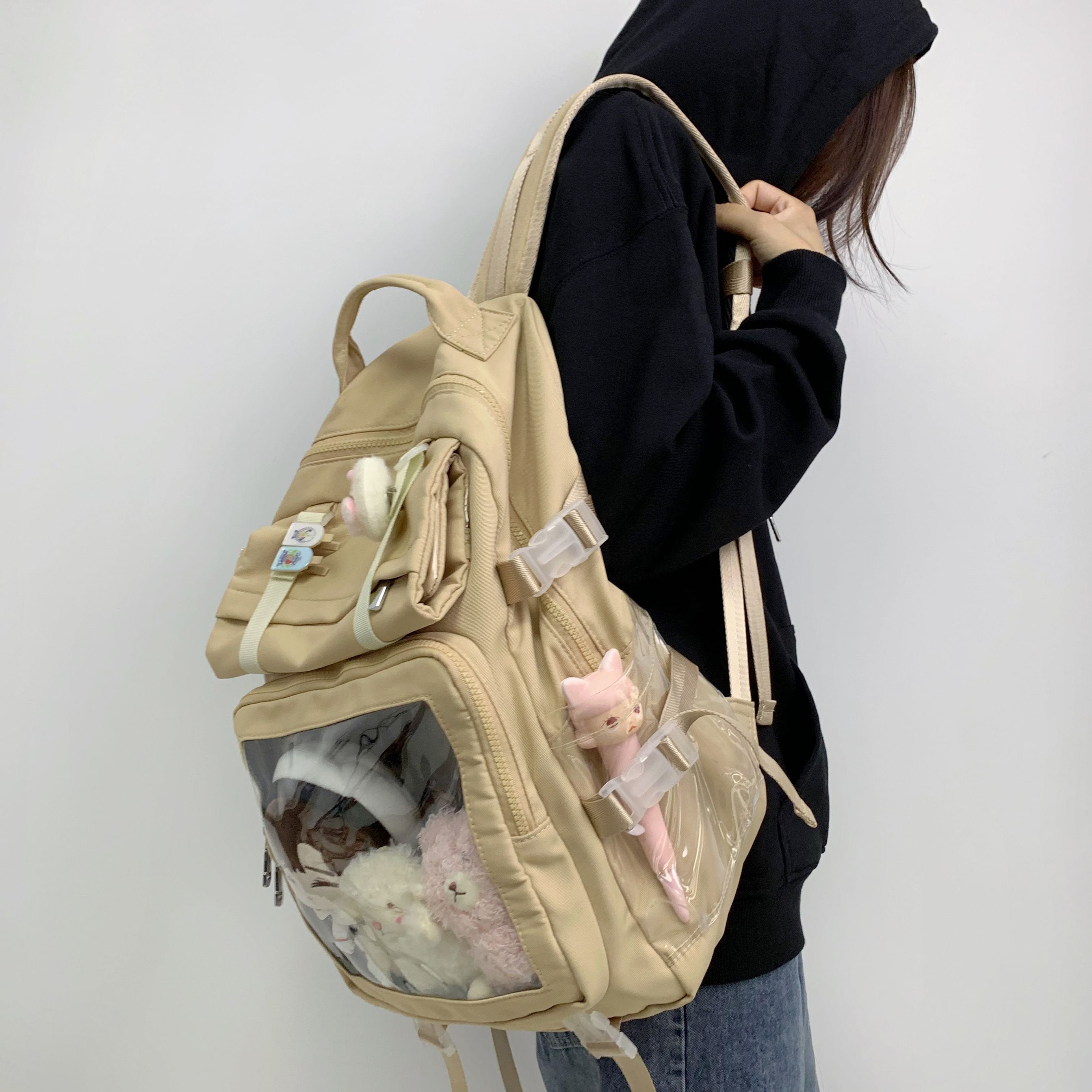 痛バッグ 2wayミニポーチ付き 4色 リュック 痛バ リュックサック 痛バッグ スクエア 痛リュック 推し活 デコ ぬいぐるみバッグ オタク 透明バッグ クリア