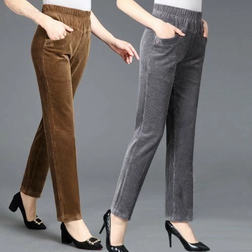 コーデュロイパンツ レディース 秋冬 ボトムス ハイウエスト 婦人服 裏起毛 厚手 ストレート カジュアル ブラック ワインレッド グレー
