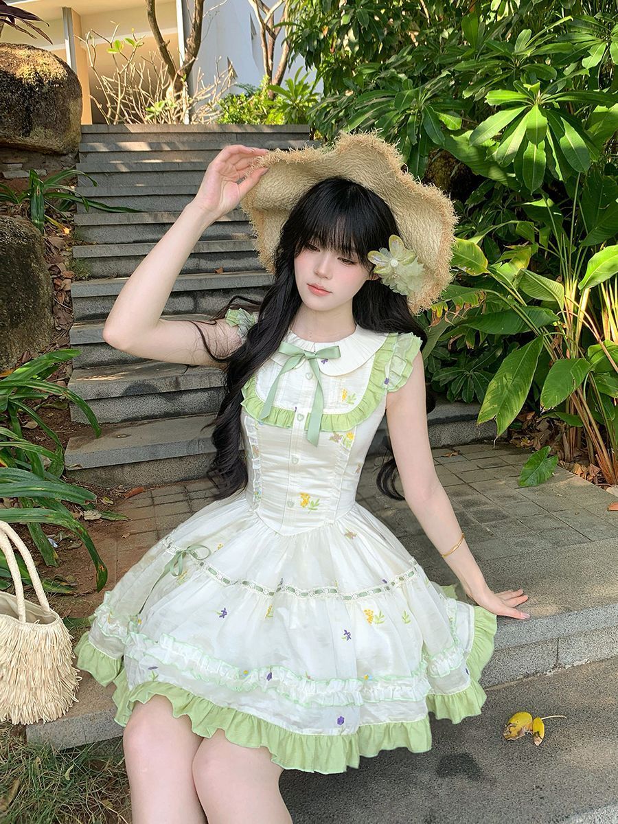 可愛い 甘い ロリータ リボンミントグリーン ウエストを絞る 修養 ワンピース