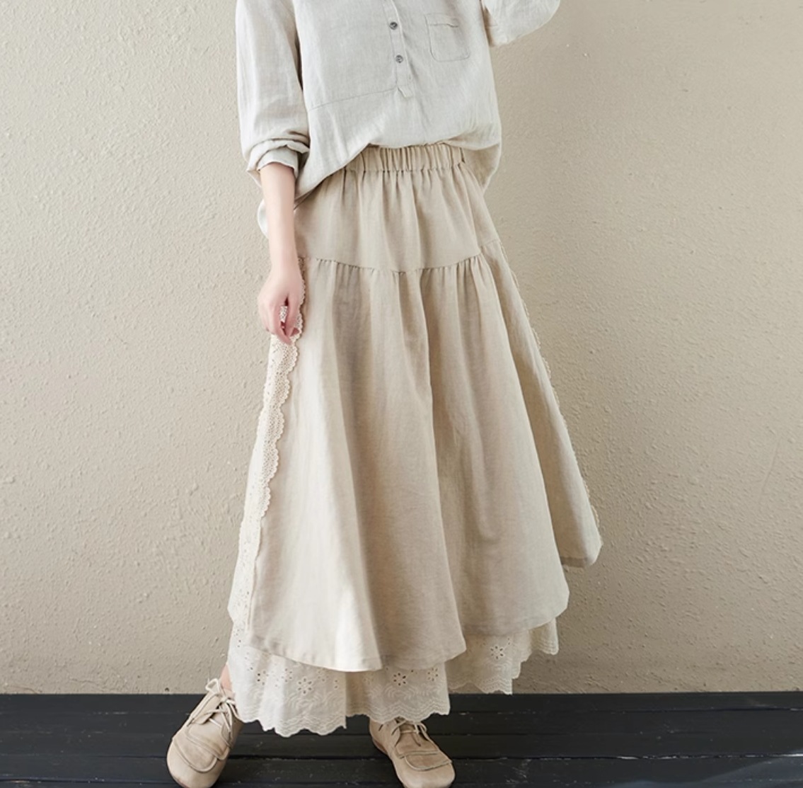 スカート ボトムス レディース フレアスカート 膝下 ミモレ ロング フェミニン レース ウエストゴム かわいい 大人可愛い シンプル カジュアル おしゃれ かっこいい ラフ ガーリー ルーズ