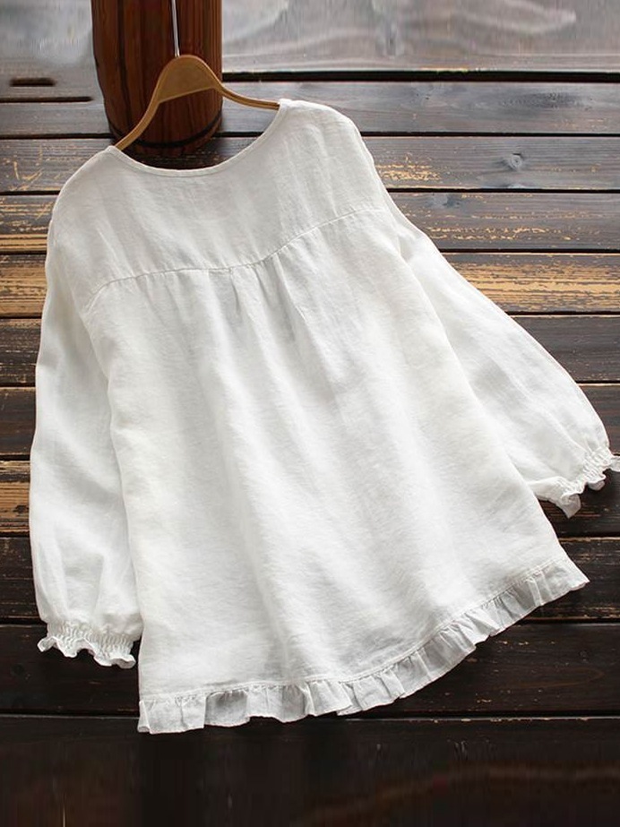 【気質アップ】おしゃれ度高め 綿麻 ギャザー ラウンドネック カジュアル シャツ