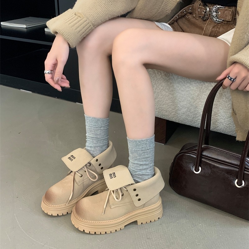 レトロフリップツーウェアレディース2024秋冬新作つや消し厚底ショートブーツバイクブーツウエスタンカウボーイブーツ