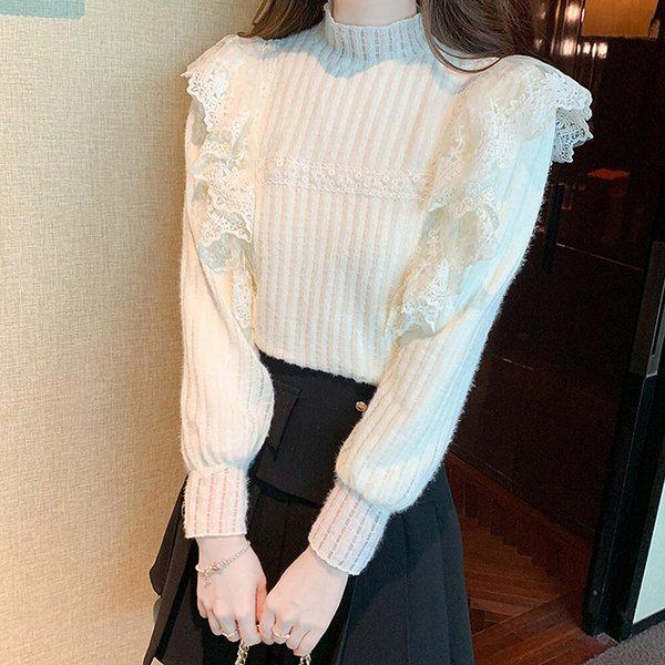 レディースフリルベルベットレースブラウス JSW-BLA-SP0000CTF-アイボリー