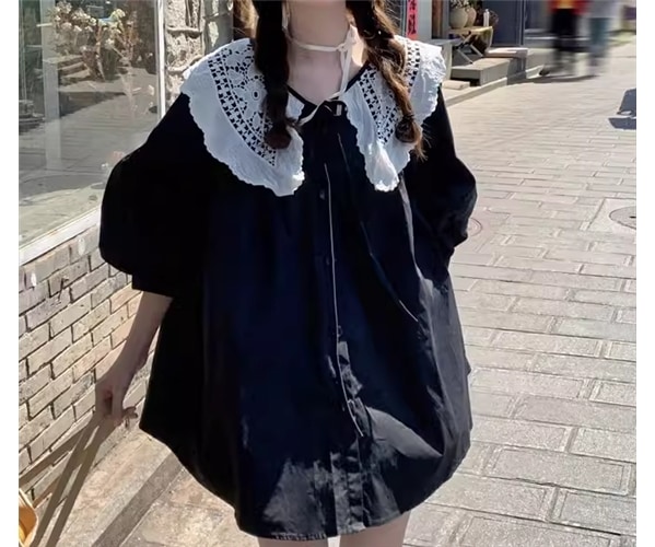 レディース トップス シャツ ミドル丈 半袖 5分袖 ボリューム袖 ドロップショルダー バルーン袖 ランタンスリーブ 襟付き ビッグカラー フェミニン レース 刺繍 リボン 前開き ボタン かわいい