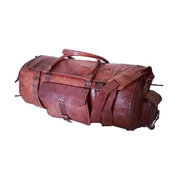Urban Dezire Leather 24 Inch Round Duffel Travel Gym Sports Overnight Weekend Leather Bag 並行輸入品