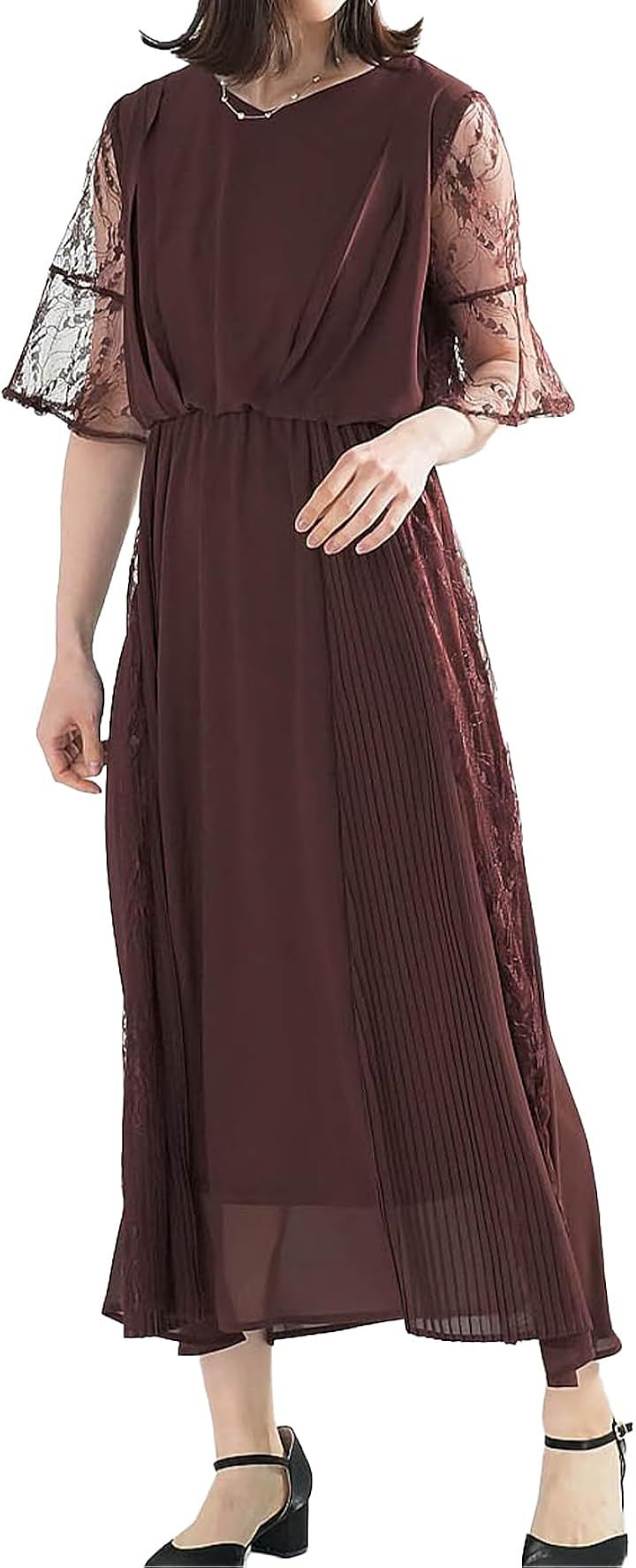 結婚式 ドレス お呼ばれ フォーマル ワンピース レディース ミモレ丈 ロング シフォンドレス (ブラウン / ミモレ丈 / 327014, S)