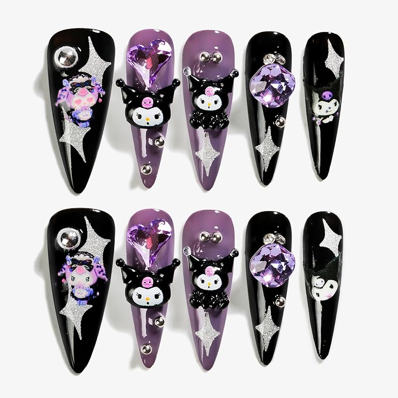Sun&Beam Nails 手作り ネイルチップ ロング アーモンド スティレット つけ爪 ピンク ブラック Y2K 可愛い クロミ 痛ネイル デザイン 付け爪 10枚入 (#109 L)