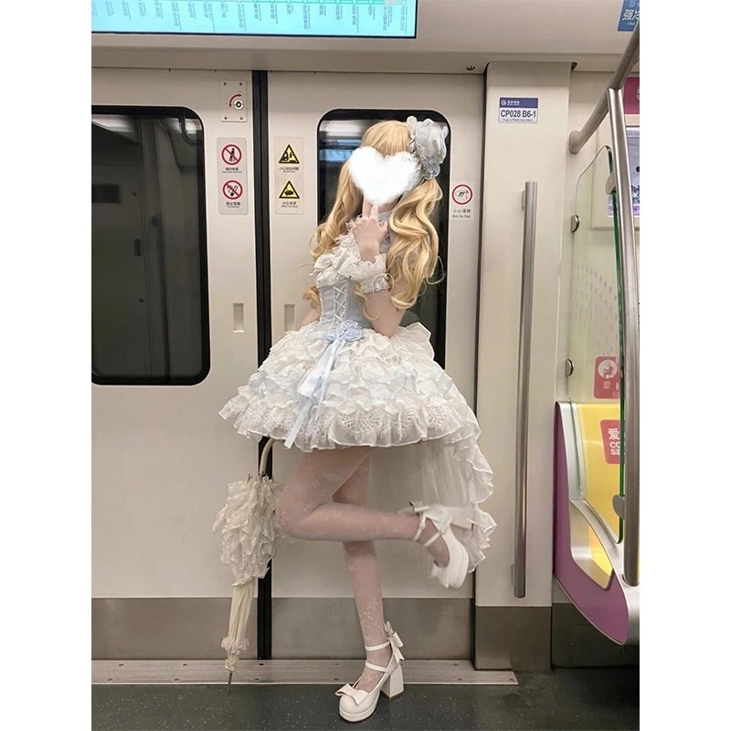 スイートハートウォーミングバレエスカート白と青ロリータ夏ウエストラインオプロリータテールドレス