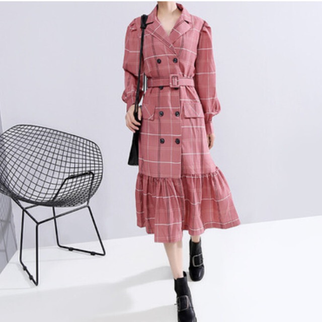 【送料無料】レディース チェック柄シャツワンピース トレンチコート セクシー フリルスカート