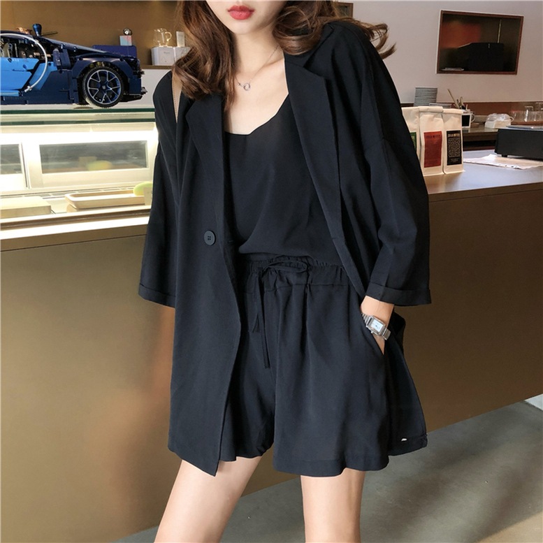 セットアップ レディース 上下 3点セット ショートパンツ セット スーツ 半袖 ロング シャツ サマージャケット インナー キャミソール トップス フレア ショート丈 パンツ 黒 ブラック ピンク