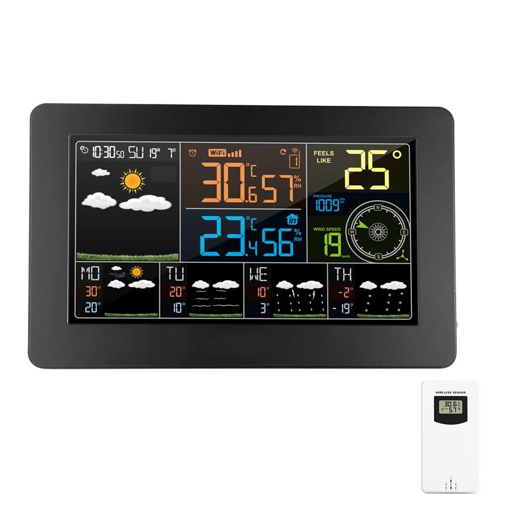 Moongiantgo ウェザーステーション WIFI機能 アプリ接続 未来4日間天気予報 デジタル天気時計 室内外温湿度測定 大型ディスプレイ 日付時間表示 家庭用温湿度計 目覚まし時計 置き時計
