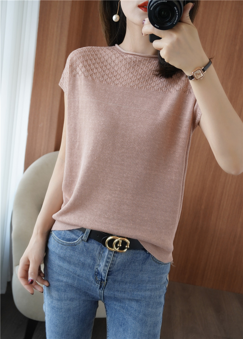 トップス Tシャツ カットソー 袖あり ノースリーブ 半袖 Uネック 綿 麻 サマーニット 薄手 レーヨン かわいい 大人可愛い シンプル カジュアル おしゃれ お洒落 大人女子 こなれ感 ラフ 無地
