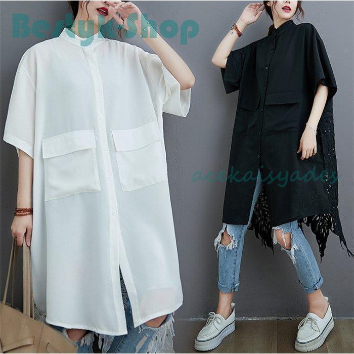 シャツワンピース レディース 夏 春 トップス ロングシャツ チュニック ゆったり シャツ 半袖 レース 大きいサイズ 切り替え コーデ きれいめ 無地 個性