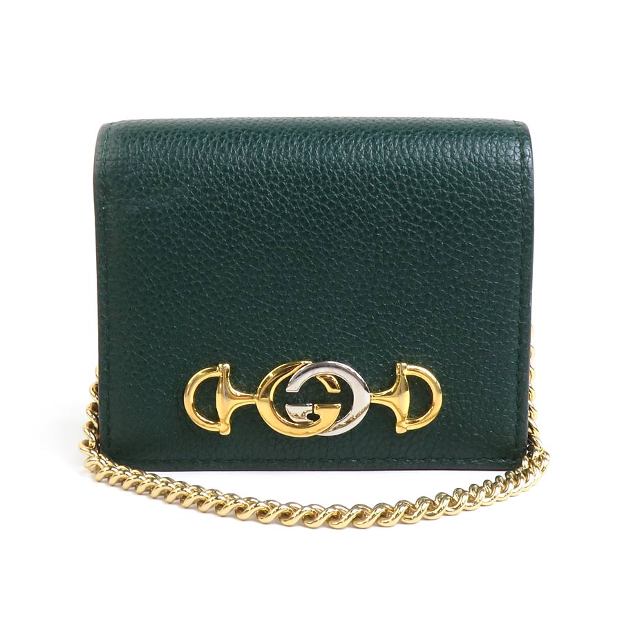 グッチ GUCCI 二つ折り財布 チェーンウォレット レザー/メタル ダークグリーン/ゴールド/シルバー レディース 570660 e59961a