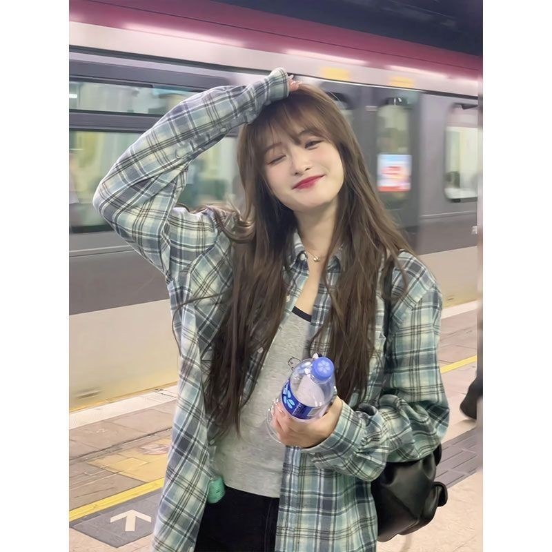 レトロ 青 チェック シャツ レディース 長袖 ゆったり リラックス風 高級感 シャツ アウター カーディガン 羽織16