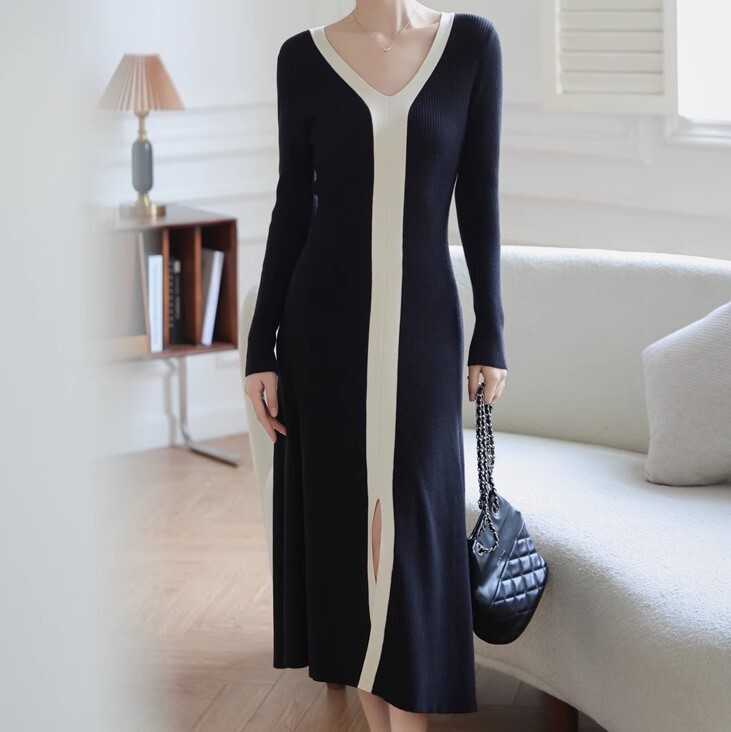 ニットワンピ センターライン ニットドレス ワンピース 高級 ニッチ ロング丈 長袖 かわいい 大人可愛い きれいめ シンプル カジュアル 大人 上品 おしゃれ お洒落 かっこいい 大人女子 こなれ感