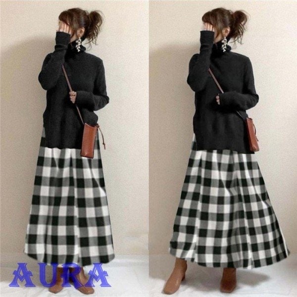ワンピース ロングワンピース きれいめ ロング丈 バイカラー チェック柄スカート 大人 チェック柄