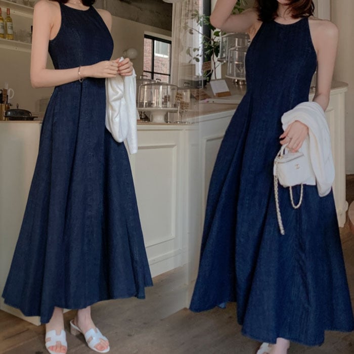 デニムワンピース 夏 ロングワンピース ノースリーブ リゾート