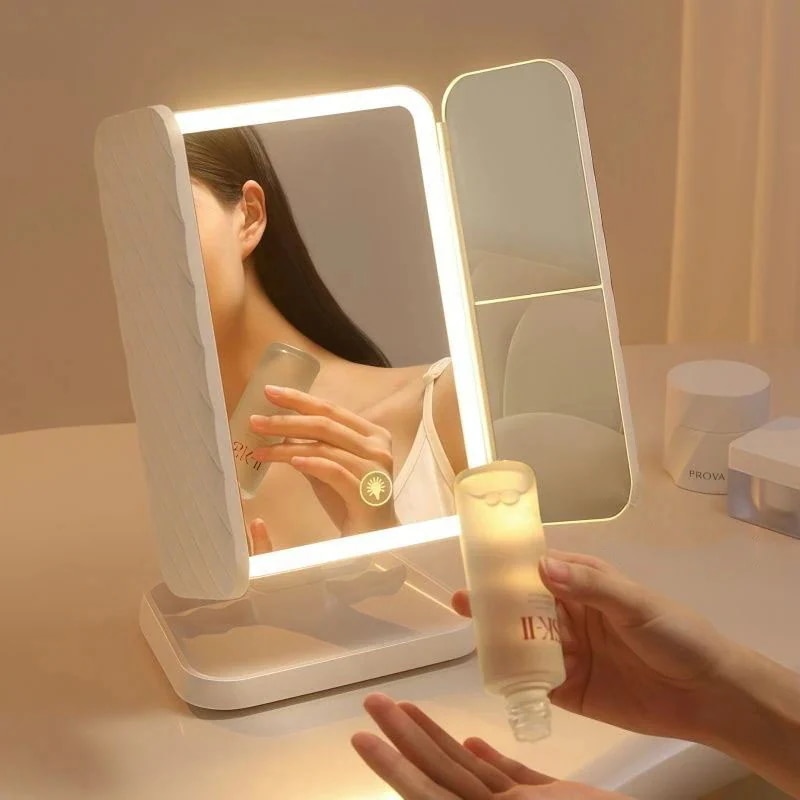 【20点セット】急速出荷三面鏡三色LED菱型ステッチ 化粧鏡 明るさ調節 360度回転 プレゼント対応
