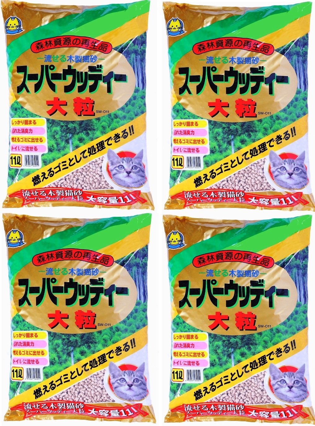 常陸化工 FineCat トイレに流せる木製猫砂 大粒 スーパーウッディ 11L 4袋入 [ケース品]